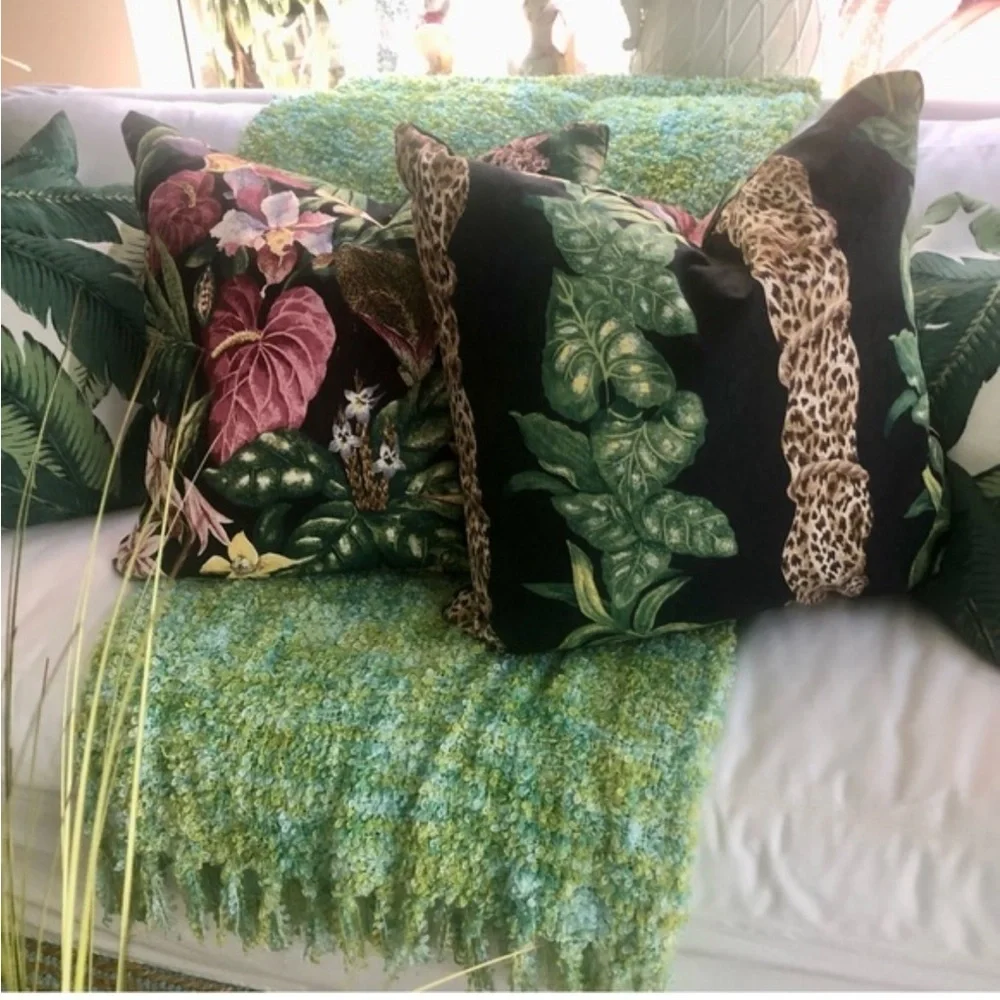 Vintage 1990s Anju Woodridge Jungle Vine Leopard Print Tassel Accent Pillow